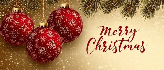 Elegant Merry Christmas Typography Banner with Hanging Red Baubles and Pine Branches on White and Red Background