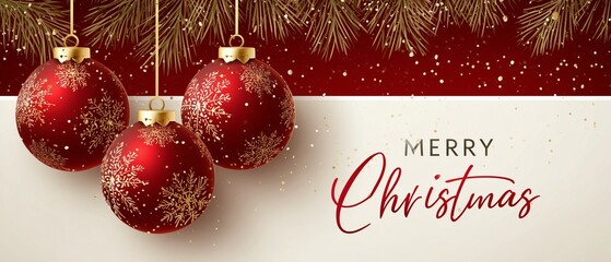 Elegant Merry Christmas Typography Banner with Hanging Red Baubles and Pine Branches on White and Red Background