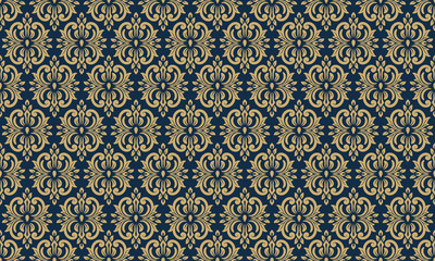 Navy background and Gold Damask Ornamental Seamless Pattern