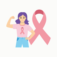Woman with purple hair in pink shirt flexing arm next to large pink ribbon female.