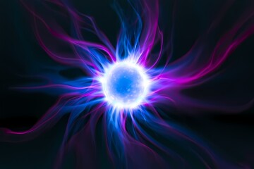 Energy ball with glowing plasma waves, abstract power core, electric field discharge, vibrant blue and magenta science background