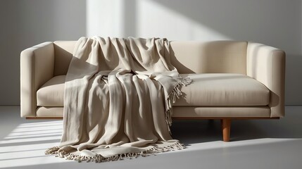 Beige Throw Blanket on Modern Sofa in Minimalist Room
