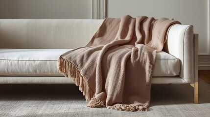 Beige Couch with Throw Blanket in Living Room