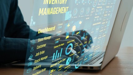 Engaging inventory management dashboard displayed on a laptop with colorful data visualizations. Ideal for showcasing modern technology in warehouse operations. Cipher - Powered by Adobe