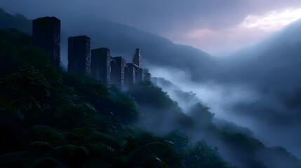 Ancient Fortress Silhouette: A mysterious fortress, perched atop a misty mountain, its stone structures silhouetted against a dramatic, moody sky. Capturing the historical grandeur.