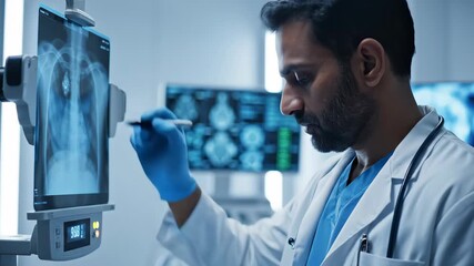 Male doctor in a lab coat and blue gloves examining a digital chest X-ray on a screen with a stylus in a modern medical facility. - Powered by Adobe