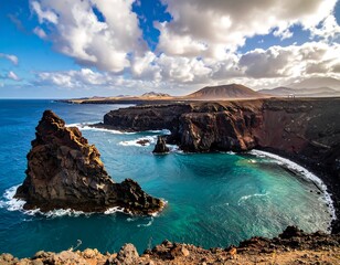 Scenic coastal view of a bay with dramatic rock formations