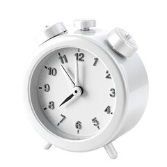 Sleek white alarm clock ticking towards deadline, perfect for time management and productivity themes, showcasing punctuality and efficiency, reminding us of schedules and routines