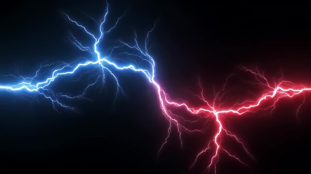 Two bolts of lightning, blue and red, against black