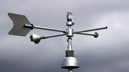 anemometer. A three-cup anemometer spinning at a weather station under gray clouds. STEM education sheets, lab safety posters, designed for STEM education and laboratory safety posters.