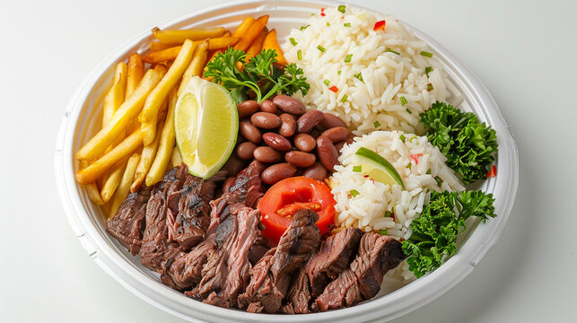 Traditional Braised Meat Meal with Rice, Beans and Fries Isolated on White