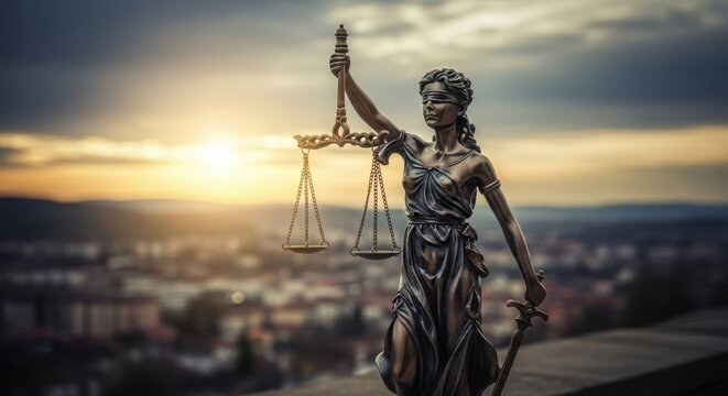 Lady Justice statue holding scales against a dramatic sunset cityscape for legal advertising.