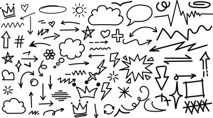 Obraz premium Hand drawn doodle elements collection arrows hearts stars and more in black and white