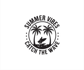 Fototapeta premium Surfer with Palm Trees and Summer Vibes Catch the Wave Illustration