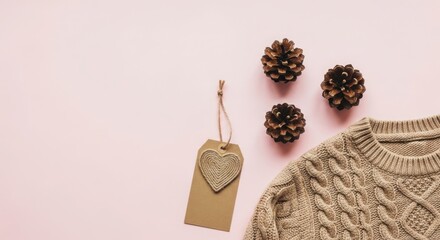 Cozy autumn winter knitted sweater pine cones heart tag flat lay