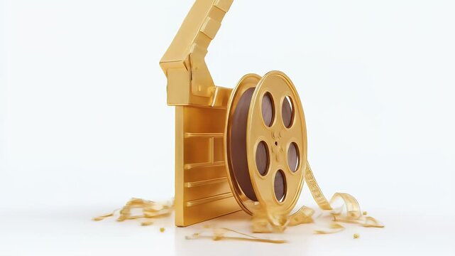 Golden film reel and clapperboard on white background