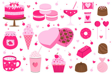 Cute pink Valentine’s Day set with hearts, sweets, cupcakes, chocolate box and candy. Desserts, drinks and gift with doodles and romantic elements for love celebration, greeting cards and stickers