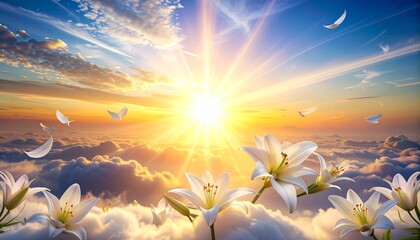 A divine vision of heaven: pure white lilies and doves soaring above soft, bright clouds at sunrise. Focus on peace, hope, and the solemnity of Día de la Inmaculada Concepción.