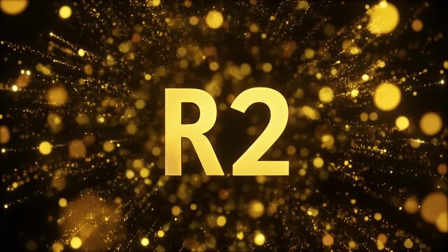Golden "R2" on black, with bursting light particles