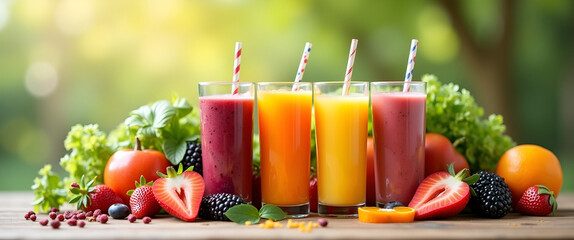 A refreshing vegan fresh juice setup with various colorful fruits and vegetables, carefully arranged to highlight a serene atmosphere, creating space for text addition.