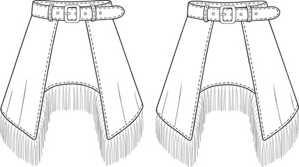 Technical flat drawing fashion illustration of wide belt fringe chaps or mini skirt with buckle closure, front and back view, ready for CAD vector template