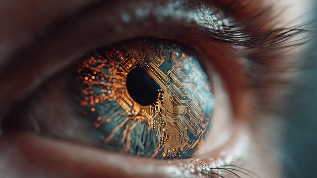 Close-up of a human eye with a digital circuit pattern reflected in the iris, symbolizing future technology and vision.