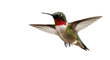 Ruby throated hummingbird flying with wings spread isolated on transparent background