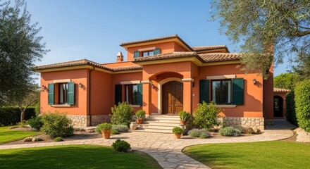 Fototapeta premium Beautiful Mediterranean house with orange facade and green shutters