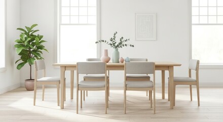 Bright minimalist dining room with wooden table and modern chairs