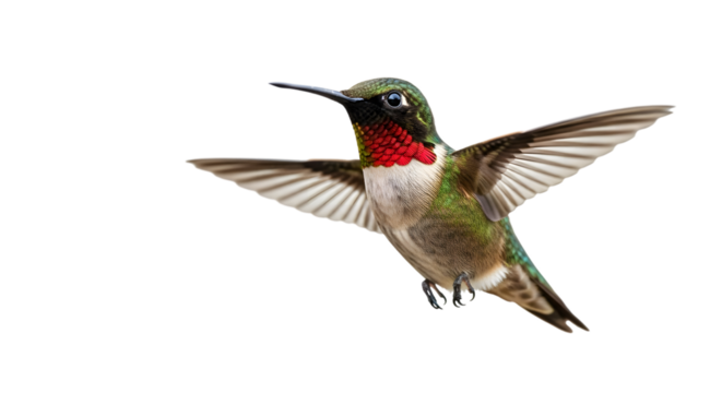 Ruby throated hummingbird flying with wings spread isolated on transparent background