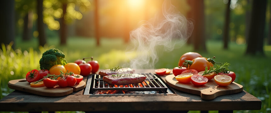 A captivating scene featuring an outdoor barbecue setup amidst nature, highlighting the grill surrounded by ready-to-cook ingredients, designed with an open area for text overlay.