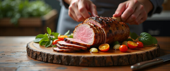 A photo showcasing the Passover lamb preparation process, artistically captured with leading lines, drawing the eye to the central dish and leaving space for descriptions.
