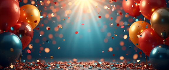 A captivating visual representation of New Year excitement with a dynamic composition of confetti and balloons, allowing expansive copy space to customize promotional messages or banners.