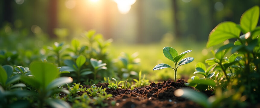 A compelling photograph of a sustainable community engaging in eco-friendly practices, surrounded by nature, with generous copy space for lifestyle promotion and awareness ads.
