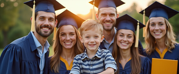 A joyful family gathered for graduation day, with graduates showcasing diplomas, positioned to allow ample copy space for personalized messaging or captions in the composition.