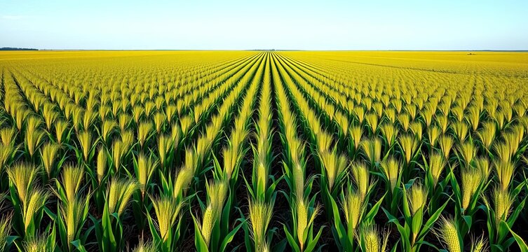 Endless rows of corn stalks stretching to the horizon, creating a geometric field pattern,  farming,  agricultural land - Powered by Adobe