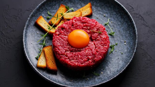 A plate of steak tartare, with a raw egg yolk, toast, and herbs, set against a dark background