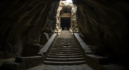 Obraz premium Stone staircase leads towards light within a dark cavern, showcasing an architectural doorway