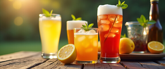 A refreshing tableau of barbecue drinks including chilled lemonade and beer set prominently on a rustic table with ample copy space for branding or marketing purposes.