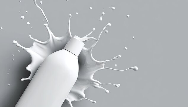 A white cosmetic bottle is surrounded by a dynamic splash of white liquid against a grey backdrop - Powered by Adobe