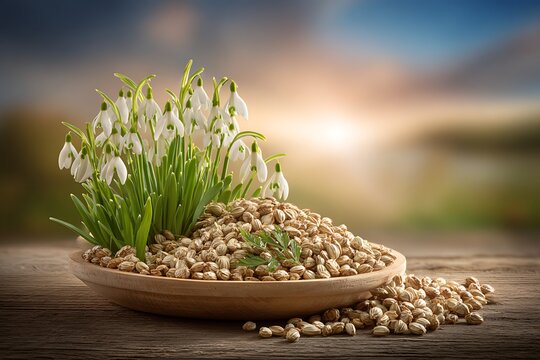 White Snowdrop Flowers Growing in Wooden Plate on Rustic Surface During Sunrise - Powered by Adobe