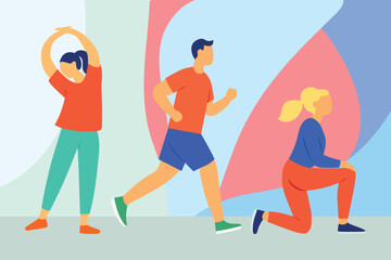 Diverse group of people exercising running stretching and doing lunges health and fitness concept.