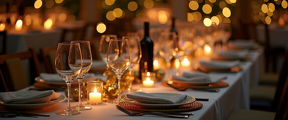 A sophisticated New Year dinner setup characterized by elegant table settings, refined tableware, and ample space for copy and branding, creating a memorable ambiance.