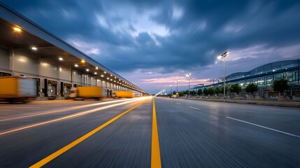 Long exposure captures dynamic movement of trucks at a busy logistics terminal during twilight
