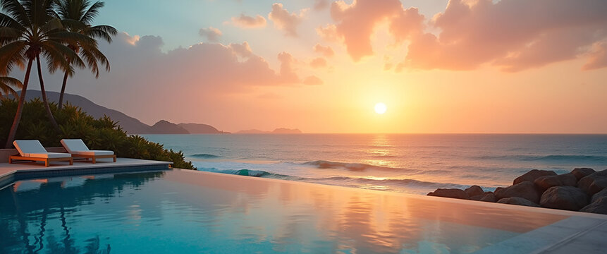 A stunning view of the ocean from a luxury resort at sunset, tailored for promotional use, featuring empty space for advertising messages.