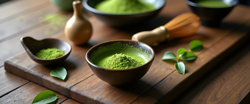 A serene matcha brewing guide set on a wooden countertop, featuring traditional tools like a whisk and bowl, with the focus on the ingredients and ample negative space for text.