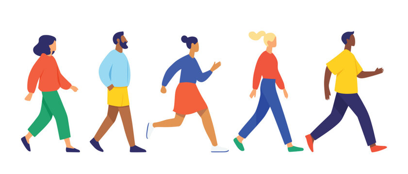 Diverse group of people walking and running active healthy lifestyle concept flat vector illustration. - Powered by Adobe