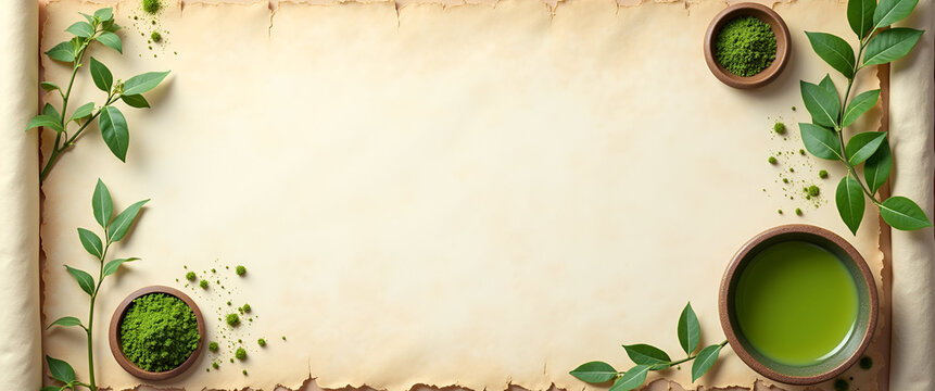 A serene layout of matcha skincare benefits, elegantly illustrated on a vintage parchment with negative space, enhancing readability and creating an inviting educational tool.