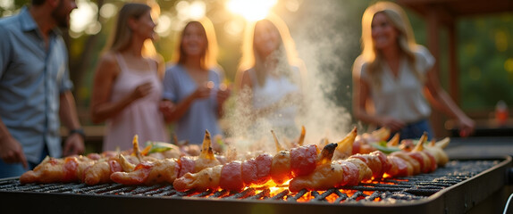 An inviting outdoor BBQ scene with sizzling grilled food and friends laughing, arranged to offer great copy space for lifestyle and cooking concepts.
