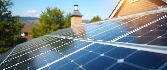 A vivid representation of solar rooftop installation with a focus on the skillful arrangement of panels, highlighting the home environment, while incorporating copy space for promotional material.